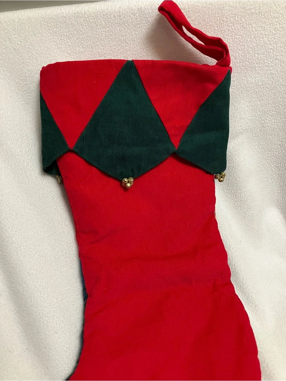 retired Pier 1 Imports patchwork quilt Christmas stocking. Red heart. Tiny bells